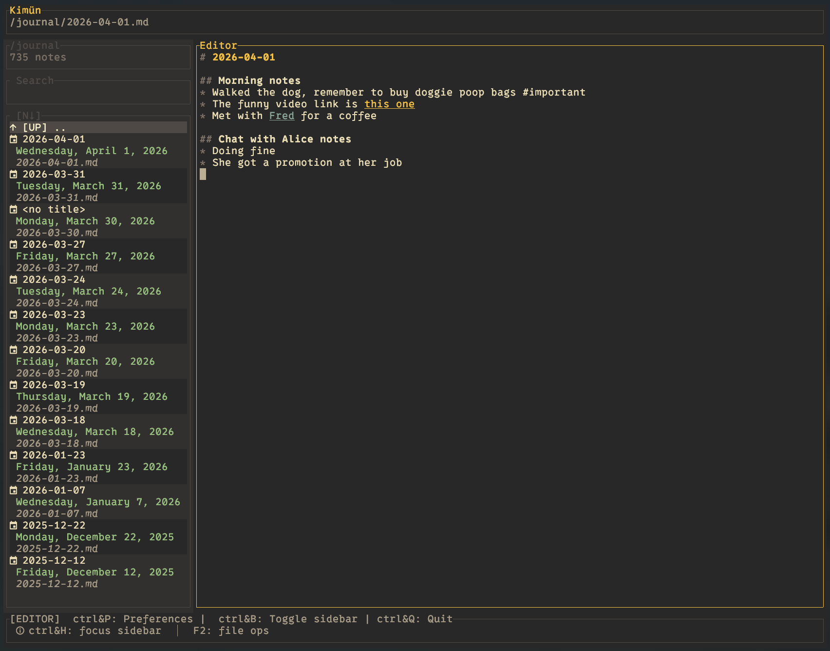 Kimün TUI screenshot
